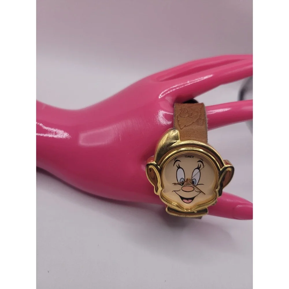 Vintage Disney Dopey Timex Watch Snow White Seven Dwarfs Gold Tone Leather